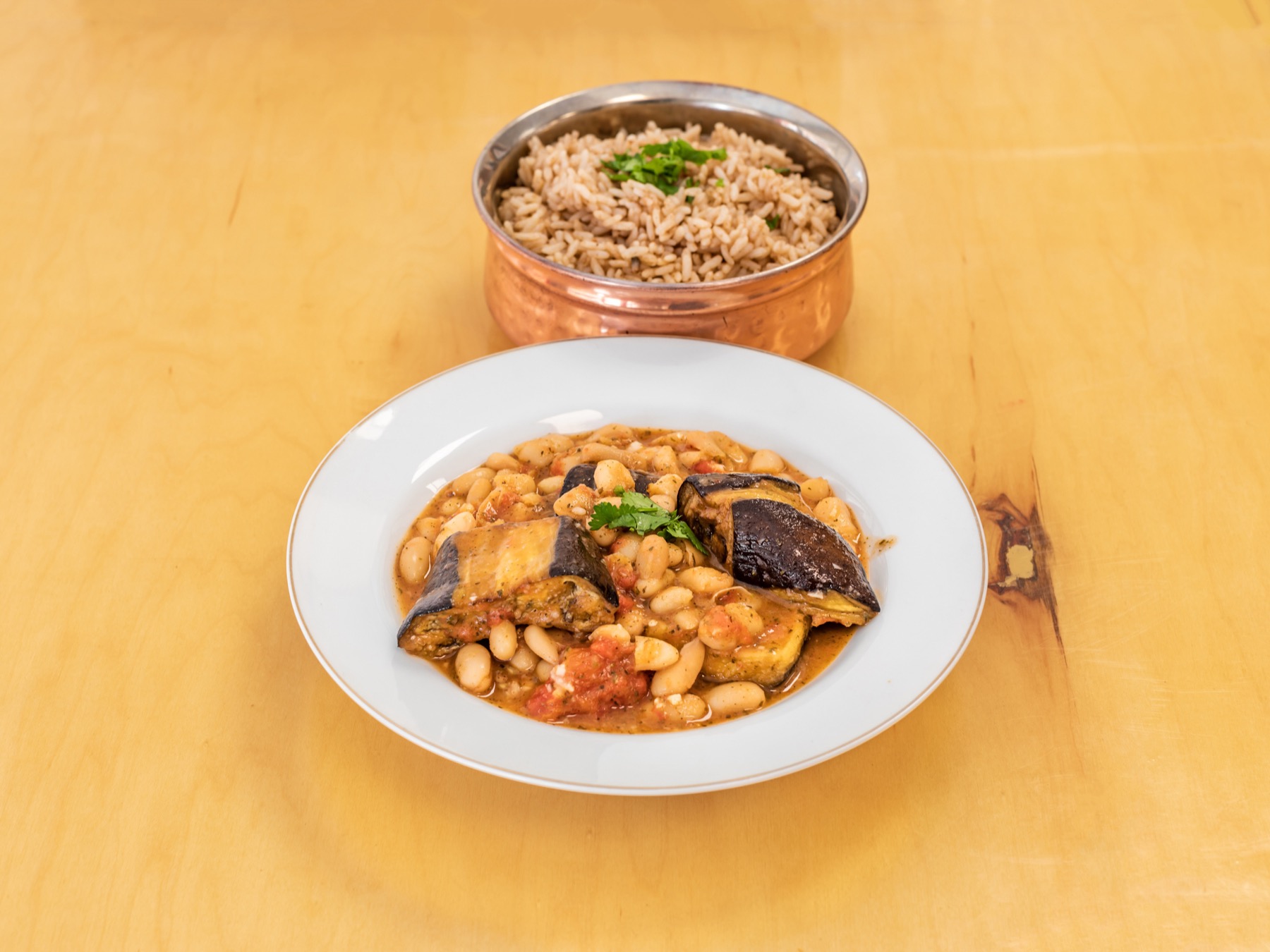 Eggplant Fasolia, a complete meal with Seven-Spice Rice